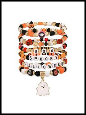 7 Pc Halloween Stretch Bracelet Set Beaded Charm Stackable Party Jewelry